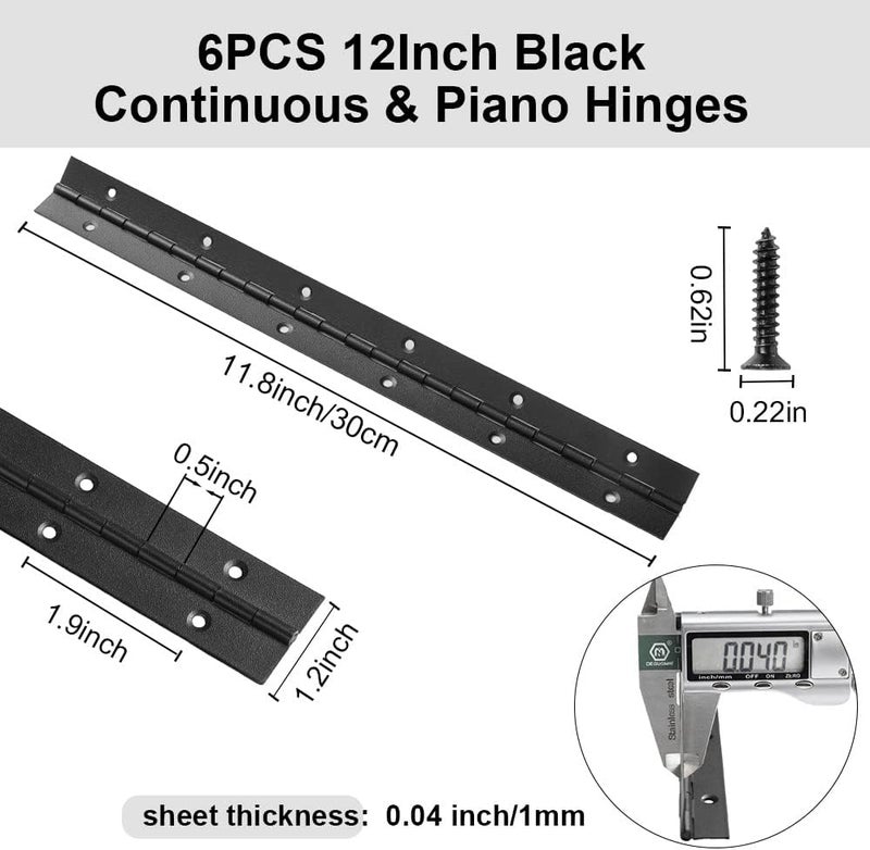 FVSEC 6 Pack 12 Inch Piano Hinge, Heavy Duty Continuous Hinge with Holes for Cabinets Boat Marine Door, 304 Stainless Steel 0.04" Leaf Thickness 1.2'' Open Width (Black) - Image 2